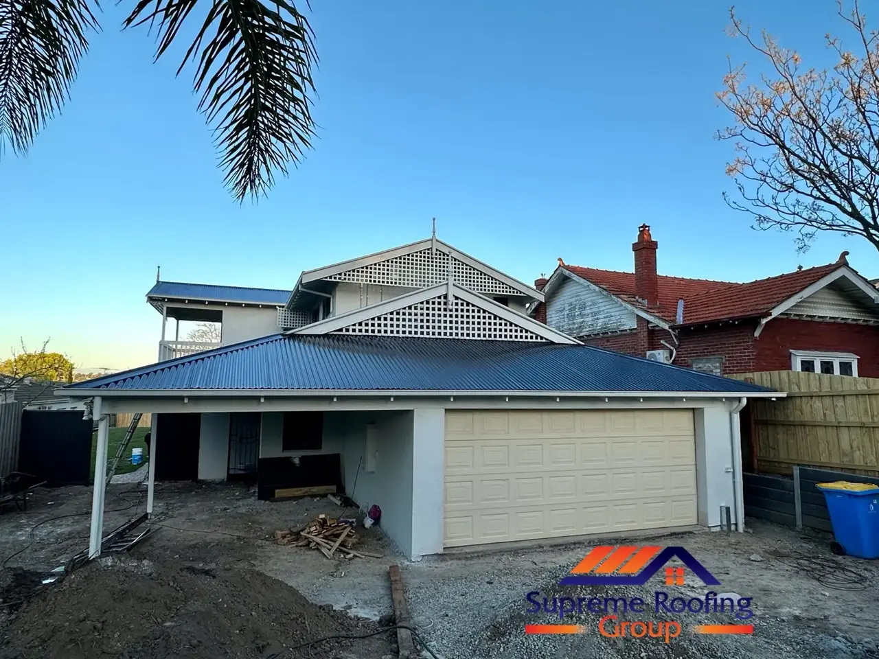 Completed corrugated metal roof painted Bluestone in Brighton