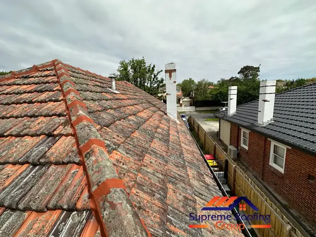 Completed ridge repointing across the terracotta roof in Carnegie