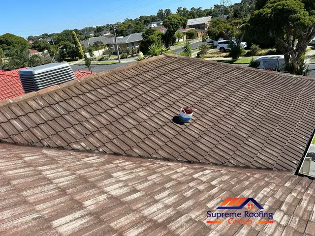 Clayton cement tile roof before the valley replacement work