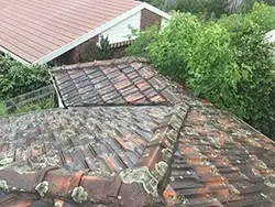 Weathered terracotta roof with moss and lichen before restoration in Doncaster East