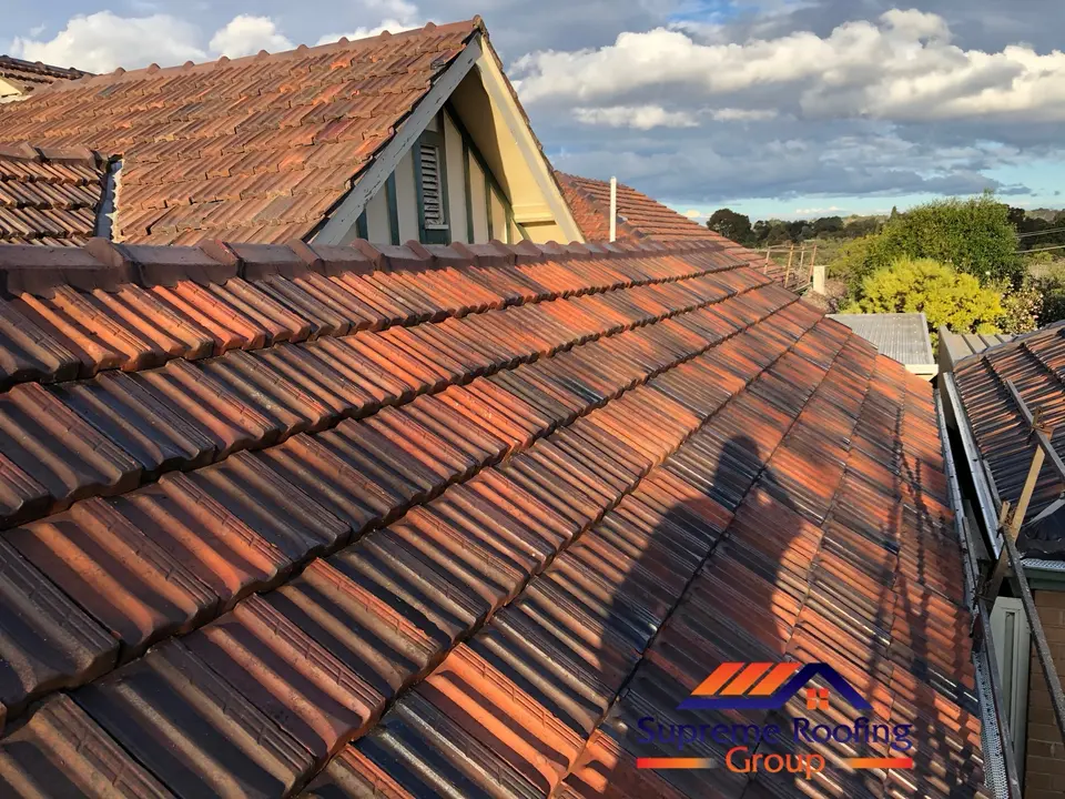 Restored natural terracotta tiles and renewed ridge pointing in Kew