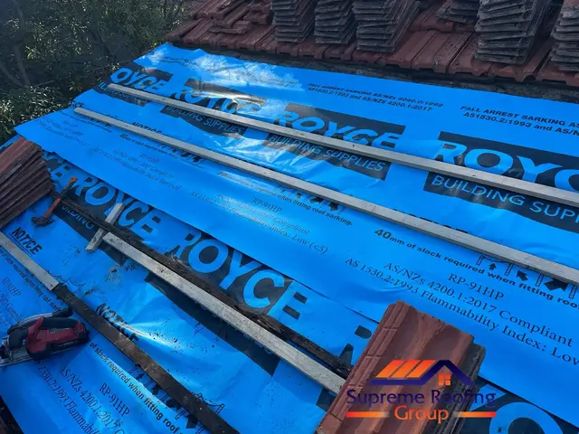 Replacement timber roof battens being installed over new sarking in Murrumbeena