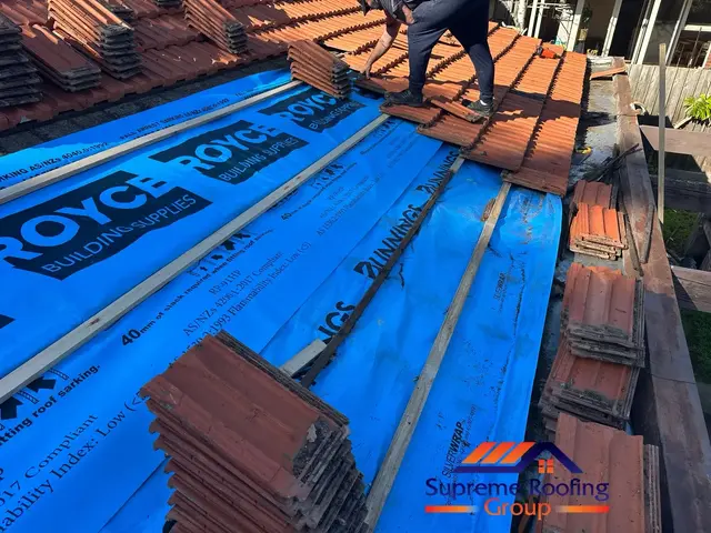 New blue roof sarking installed beneath a terracotta tiled roof in Murrumbeena
