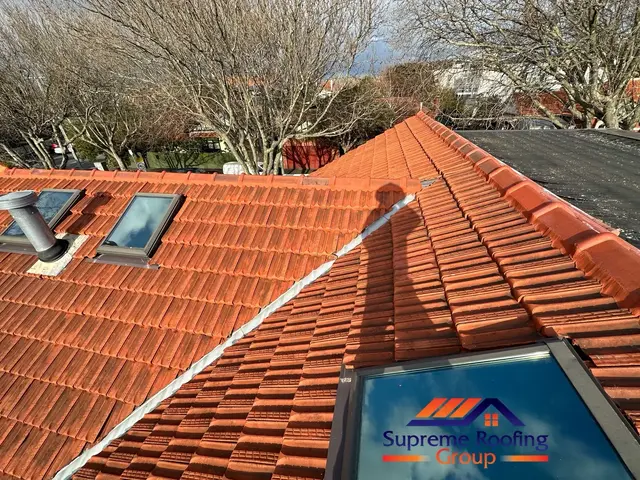 Wide view of completed ridge repointing on a terracotta roof in St Kilda
