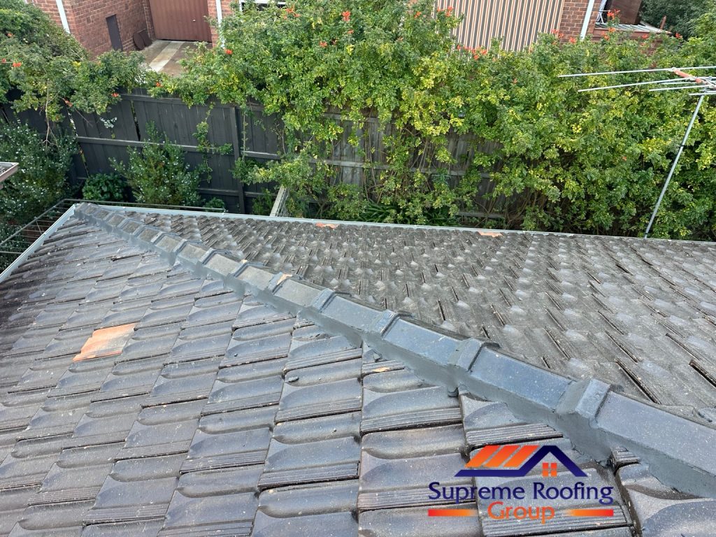 Detail of renewed hip pointing on the cleaned Camberwell tiled roof