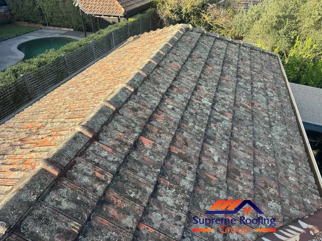 Terracotta roof hip and adjoining tiles before repointing in Surrey Hills