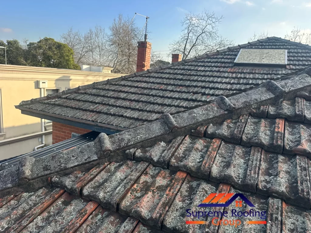 Terracotta roof ridges and hips before repairs in Surrey Hills