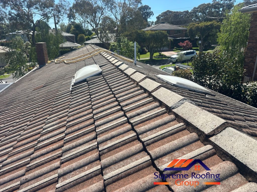Existing ridge mortar and tiled roof before repointing in Croydon Hills