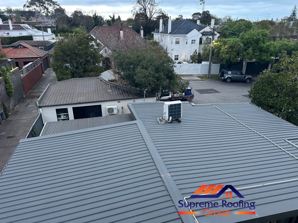 Metal roof overview at the completed Toorak roof leak repair and maintenance project